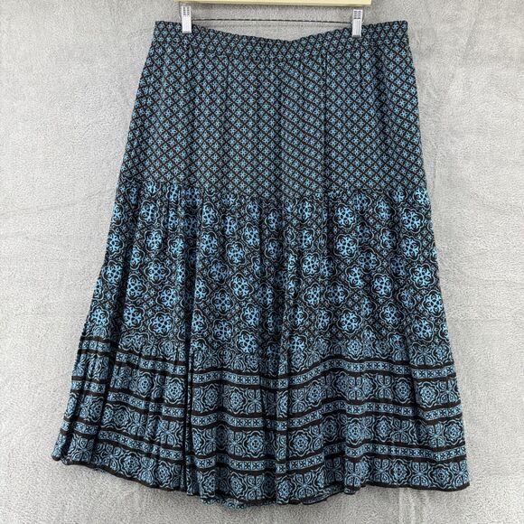 Sag Harbor Skirt 1X Brown Turquoise Tiered Midi A-Line PullOn Elastic Waist - Picture 1 of 11